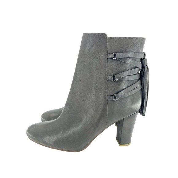 Halogen Grey Leather Lace-Up Almond Toe Tassel Ankle Booties Sz 9.5 New - Picture 1 of 11